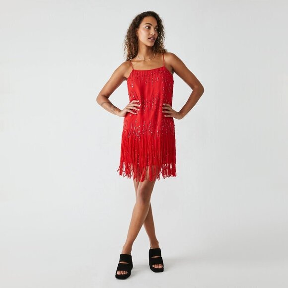 NWT Free People red fringe trim sequin embellished mini dress, XS - Picture 5 of 15
